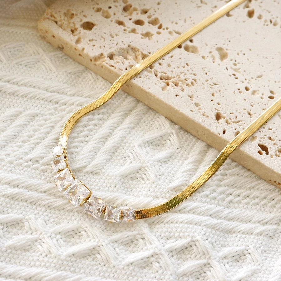 Jewelry Elegant Shiny Square 304 Stainless Steel Zircon Gold Plated Inlay Necklace