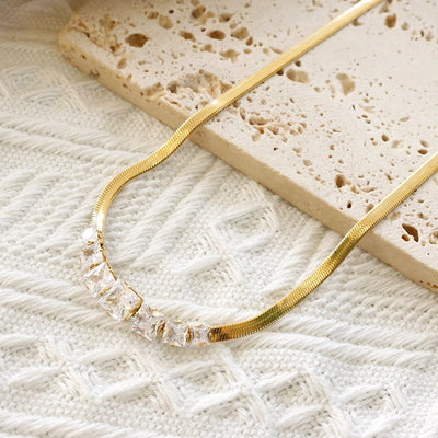 Jewelry Elegant Shiny Square 304 Stainless Steel Zircon Gold Plated Inlay Necklace