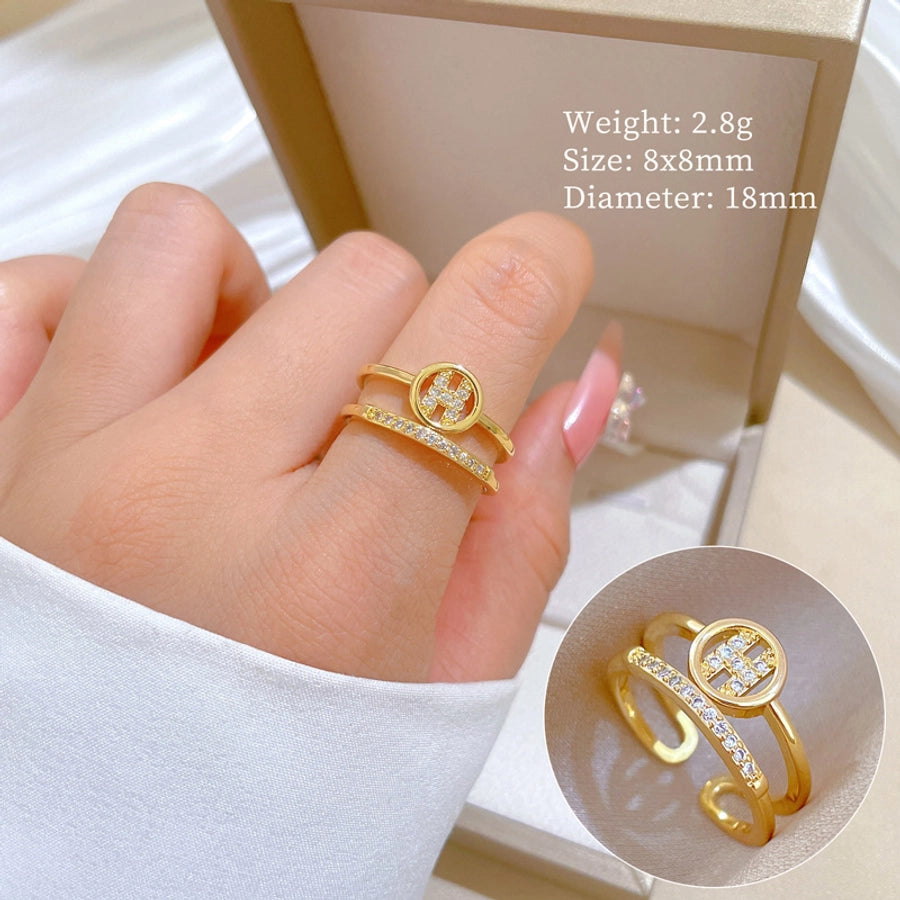Brass Gold Plated Geometric Letter Zircon Brass Rings