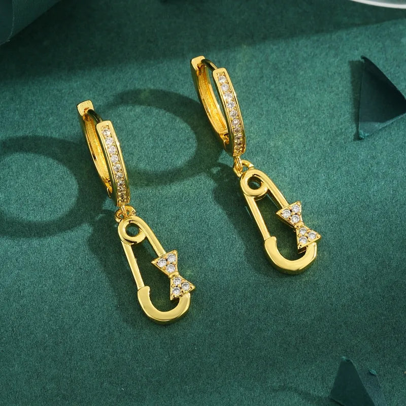 1 Pair French Style Geometric Bow Knot Inlay Copper Zircon 18K Gold Plated Drop Earrings