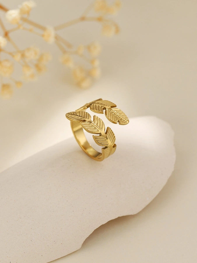 Jewelry Elegant Leaves Feather 304 Stainless Steel Open Rings
