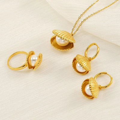 Jewelry IG Style Shell 304 Stainless Steel Artificial Pearls 18K Gold Plated Inlay Rings Earrings Necklace