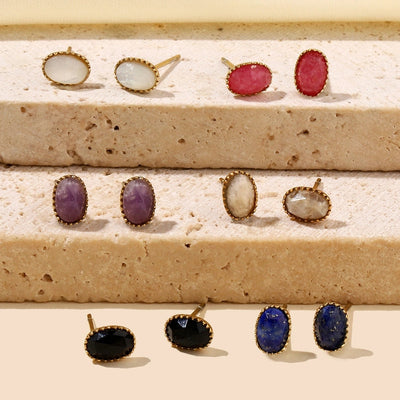 One Pack and Two Pairs Retro French Style Geometric Plating Titanium Steel Natural Stone 14K Gold Plated Ear Studs