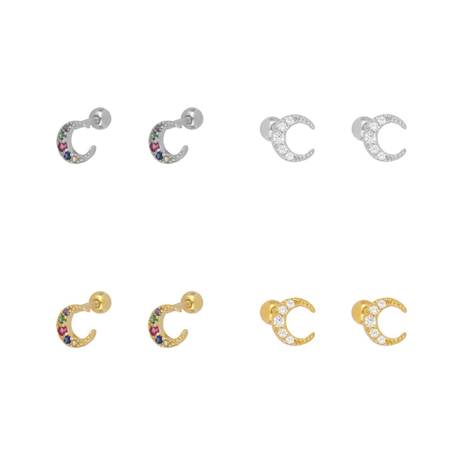 1 Pair IG Style Moon Inlay Copper Zircon Ear Studs