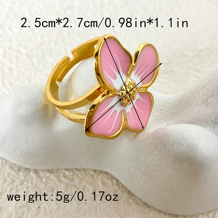 Jewelry Sweet Simple Style Korean Style Waves Flower 304 Stainless Steel Natural Stone 14K Gold Plated Enamel Inlay Open Rings