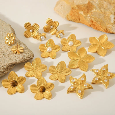 1 Pair IG Style Flower Plating Inlay 304 Stainless Steel Pearl 18K Gold Plated Ear Studs