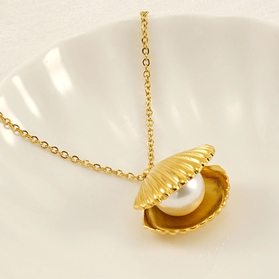 Jewelry IG Style Shell 304 Stainless Steel Artificial Pearls 18K Gold Plated Inlay Rings Earrings Necklace