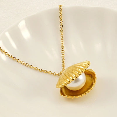 Jewelry IG Style Shell 304 Stainless Steel Artificial Pearls 18K Gold Plated Inlay Rings Earrings Necklace