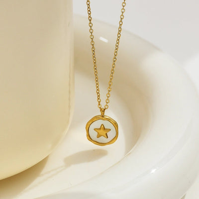 Jewelry Vintage Style French Style Pentagram Round 304 Stainless Steel Shell 18K Gold Plated Inlay Pendant Necklace