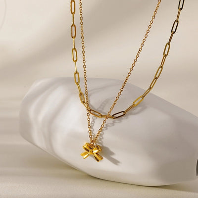 Jewelry IG Style Sweet Bow Knot 304 Stainless Steel Zircon Hollow Out Inlay Double Layer Necklaces