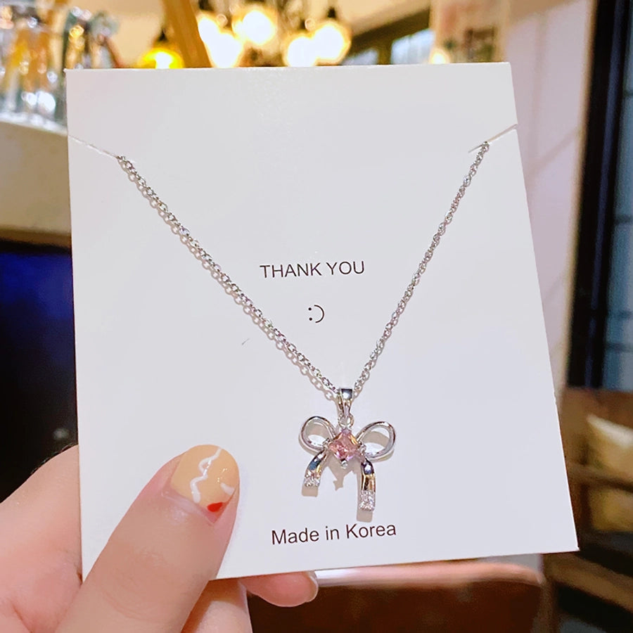 304 Stainless Steel Copper 18K Gold Plated K Gold Plated Inlay Bow Knot Zircon Pendant Necklace