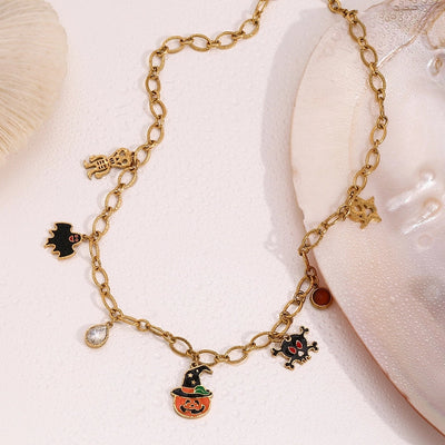 Jewelry Cartoon Style Cute Pumpkin Bat Ghost 304 Stainless Steel Rhinestones 18K Gold Plated Enamel Plating Inlay Pendant Necklace