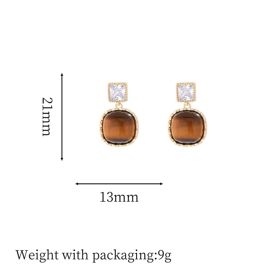1 Pair Vintage Style Simple Style Geometric Round Heart Shape Plating Inlay Copper Natural Stone Zircon 18K Gold Plated Ear Studs