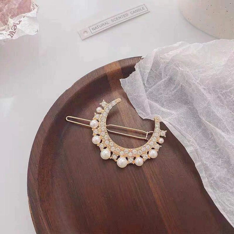 fashion leaf moon bow knot imitation pearl alloy rhinestone hair clip 1 piece