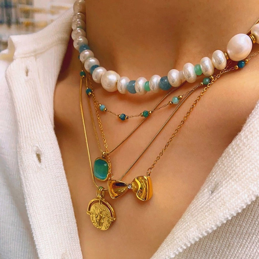 Jewelry Simple Style Bow Knot 304 Stainless Steel natural stone 18K Gold Plated Pendant Necklace