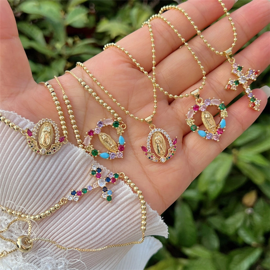 Jewelry Simple Style Classic Style Cross Virgin Mary Copper Zircon 18K Gold Plated Bracelets Necklace Jewelry Set