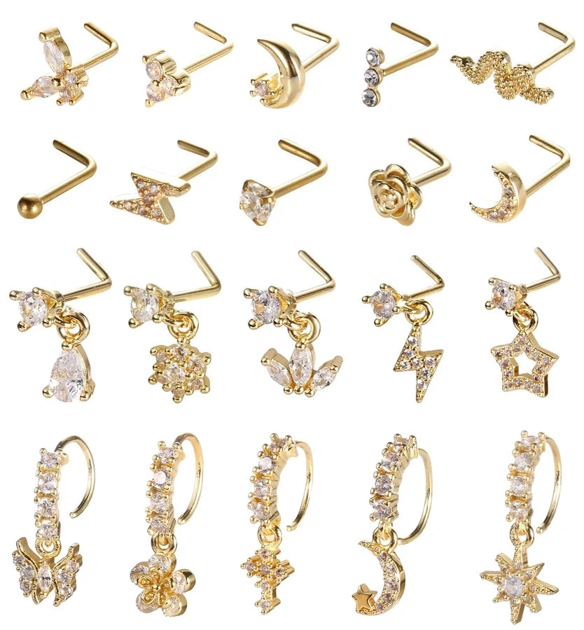 1 Set Nose Rings & Studs Y2K Shiny Star Butterfly Lightning 201 Stainless Steel Copper Inlay Zircon Nose Rings & Studs