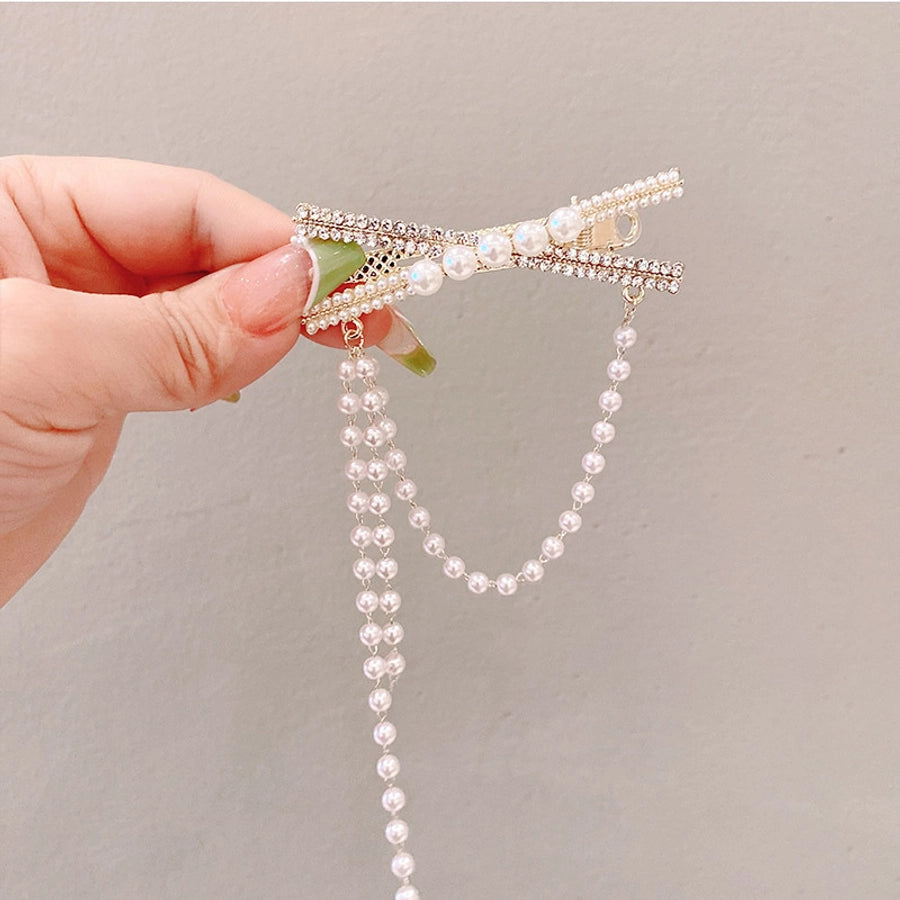 simple style color block imitation pearl alloy inlay rhinestones hair clip