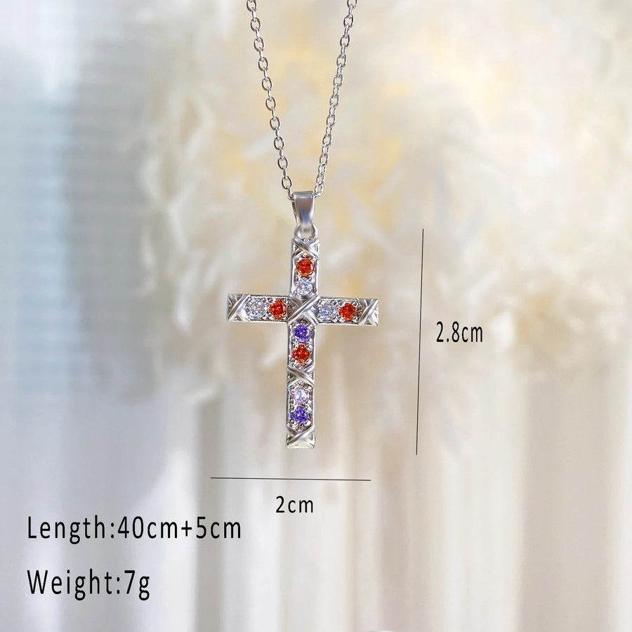 Copper cable chain Plating Cross Zircon Pendant Necklace