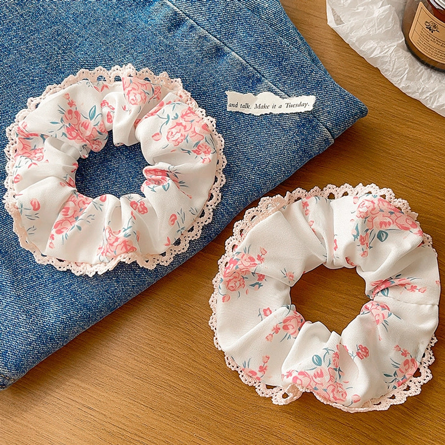 Women's Japanese Style Sweet Pastoral Flower Cloth Rib-Knit Lace Hair Tie