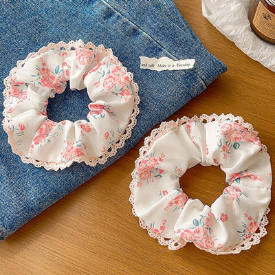 Women's Japanese Style Sweet Pastoral Flower Cloth Rib-Knit Lace Hair Tie