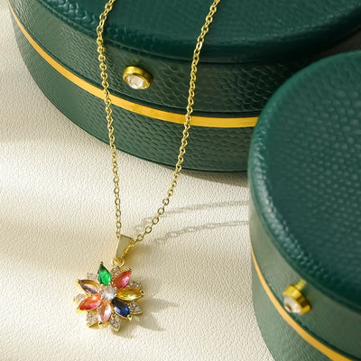 Jewelry Elegant Shiny Flower 304 Stainless Steel Zircon 18K Gold Plated Inlay Pendant Necklace