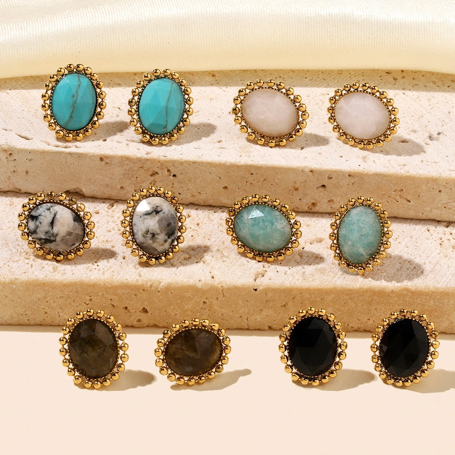 One Pack and Two Pairs Retro French Style Geometric Plating Titanium Steel Natural Stone 14K Gold Plated Ear Studs