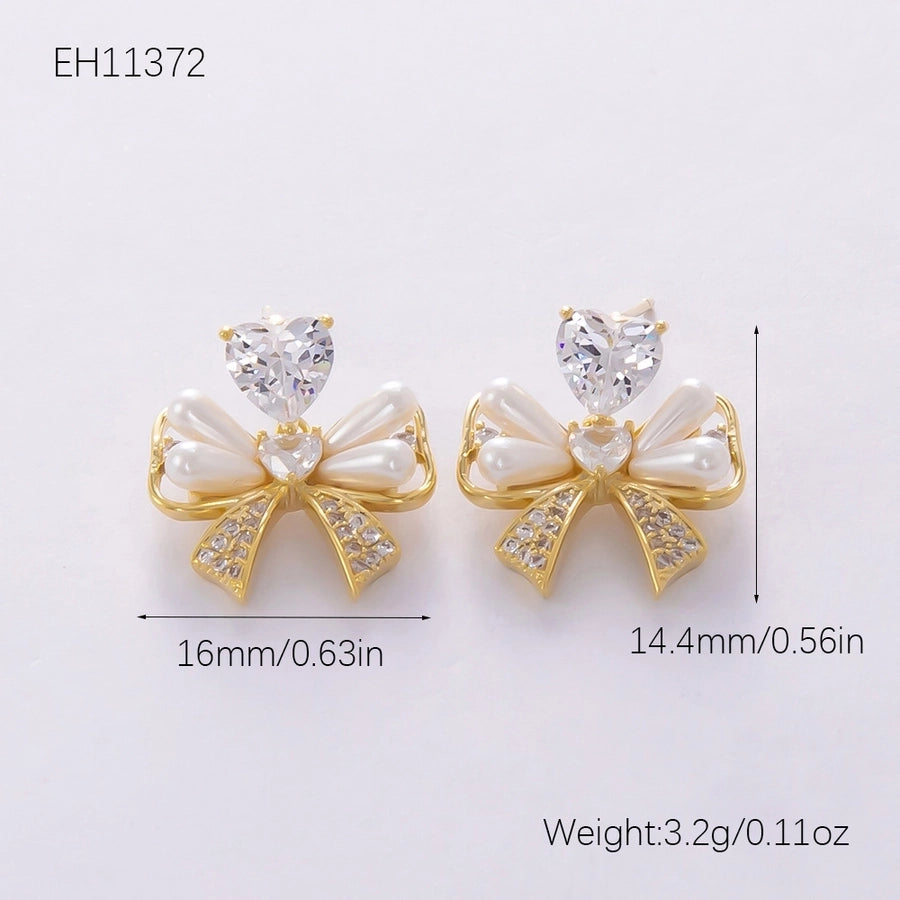 1 Pair Elegant Streetwear Bow Knot Plating Copper Zircon Drop Earrings Ear Studs
