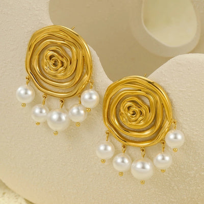 1 Pair IG Style Spiral Stripe Pearl Plating 304 Stainless Steel 18K Gold Plated Ear Studs