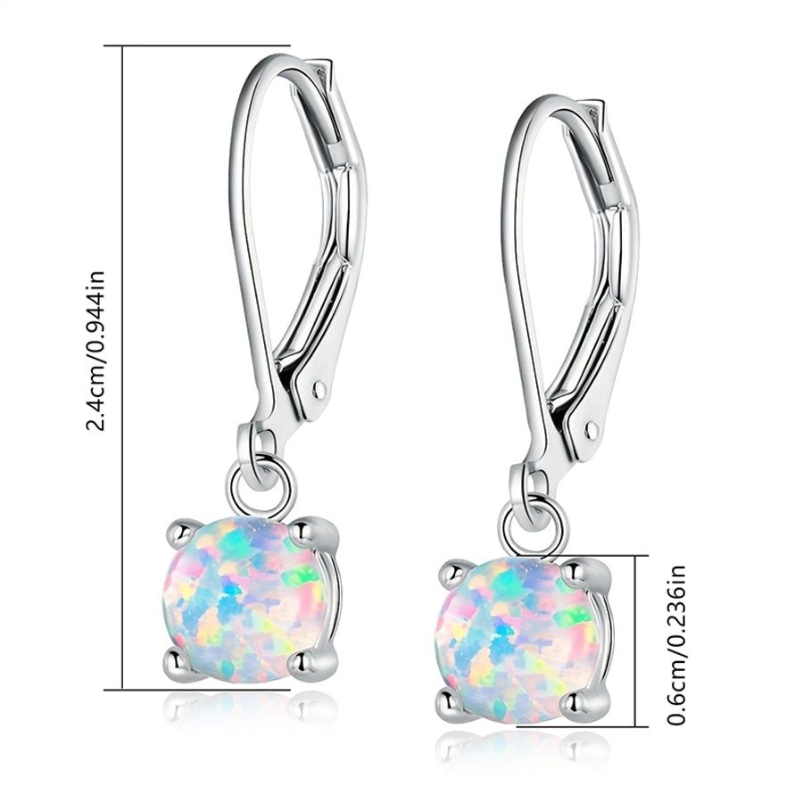 1 Pair of Simple  round Opal Earrings, Copper Plated with Real Gold