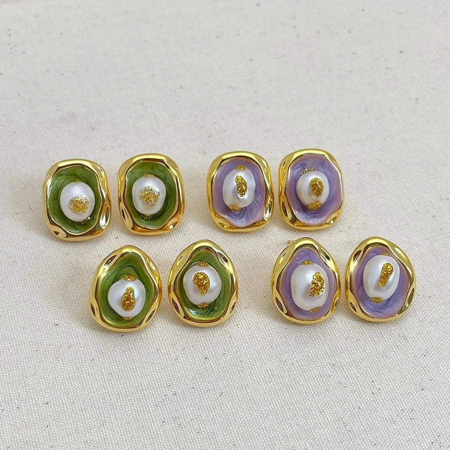 1 Pair Retro Baroque Style Geometric Inlay Copper Freshwater Pearl 18K Gold Plated Ear Studs