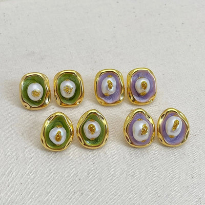 1 Pair Retro Baroque Style Geometric Inlay Copper Freshwater Pearl 18K Gold Plated Ear Studs