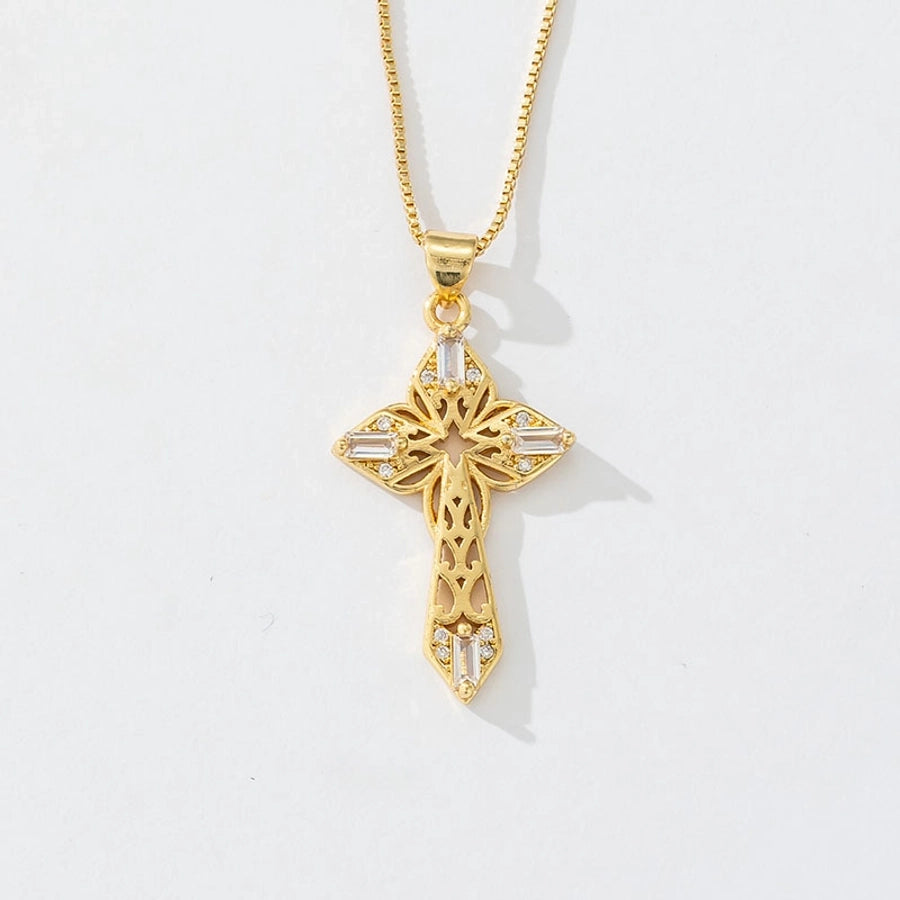Copper box chain 18K Gold Plated Inlay Carving Cross Zircon Pendant Necklace