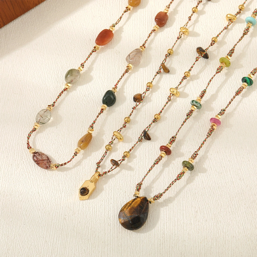 Casual Cute Commute Irregular 304 Stainless Steel natural stone Copper Woven Chain Necklace In Bulk