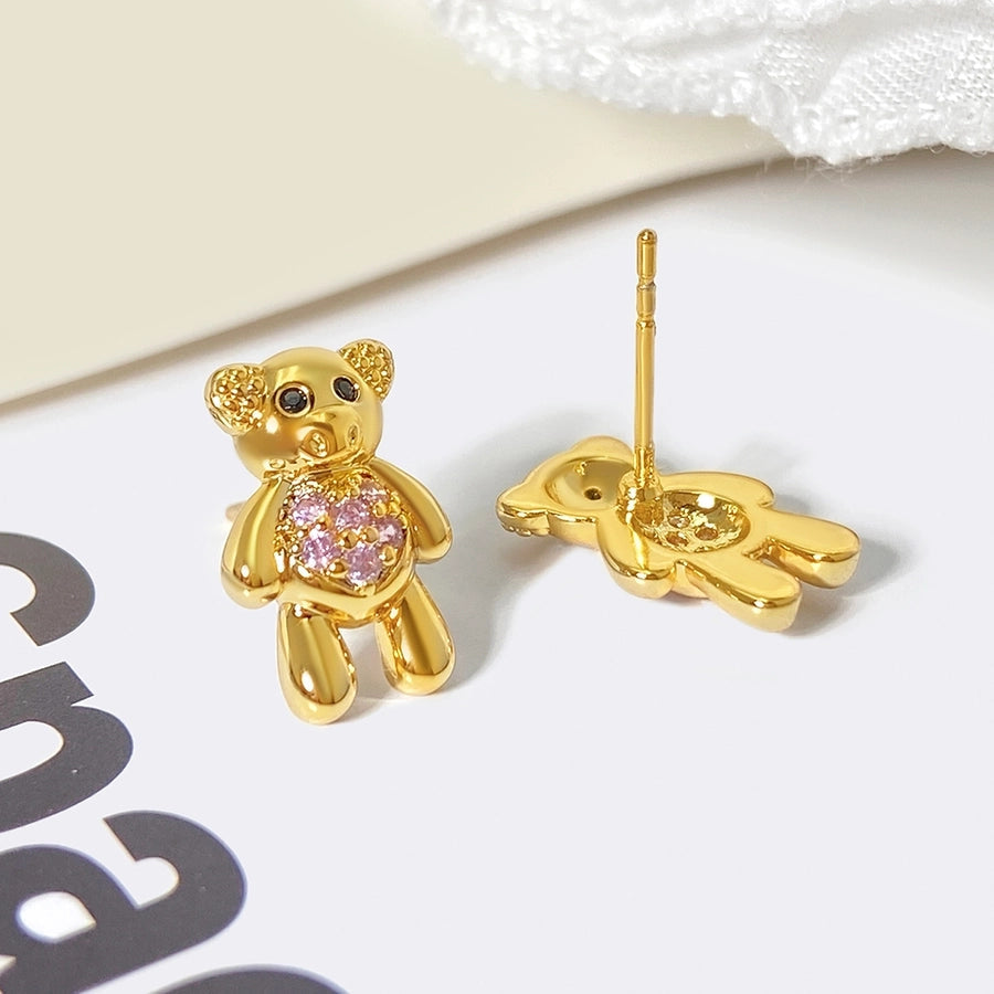 1 Pair Cute Bear Copper Zircon Ear Studs