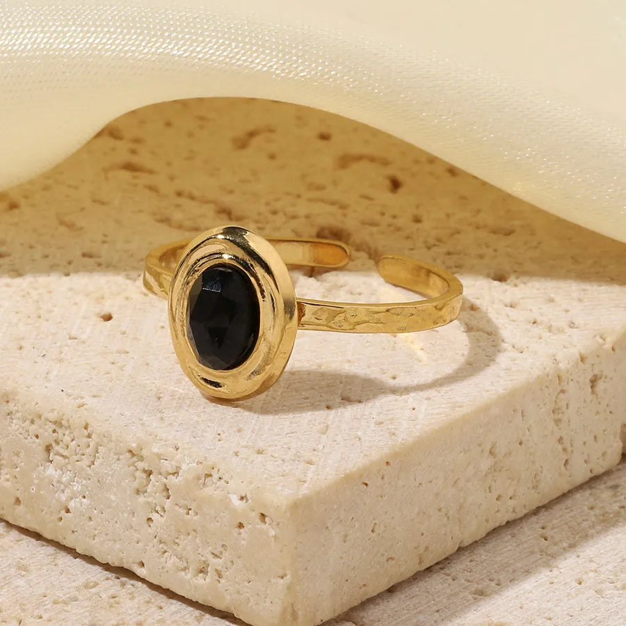 Wholesale Jewelry Retro French Style Oval Titanium Steel Natural Stone Turquoise Agate 14K Gold Plated Plating Inlay Open Rings