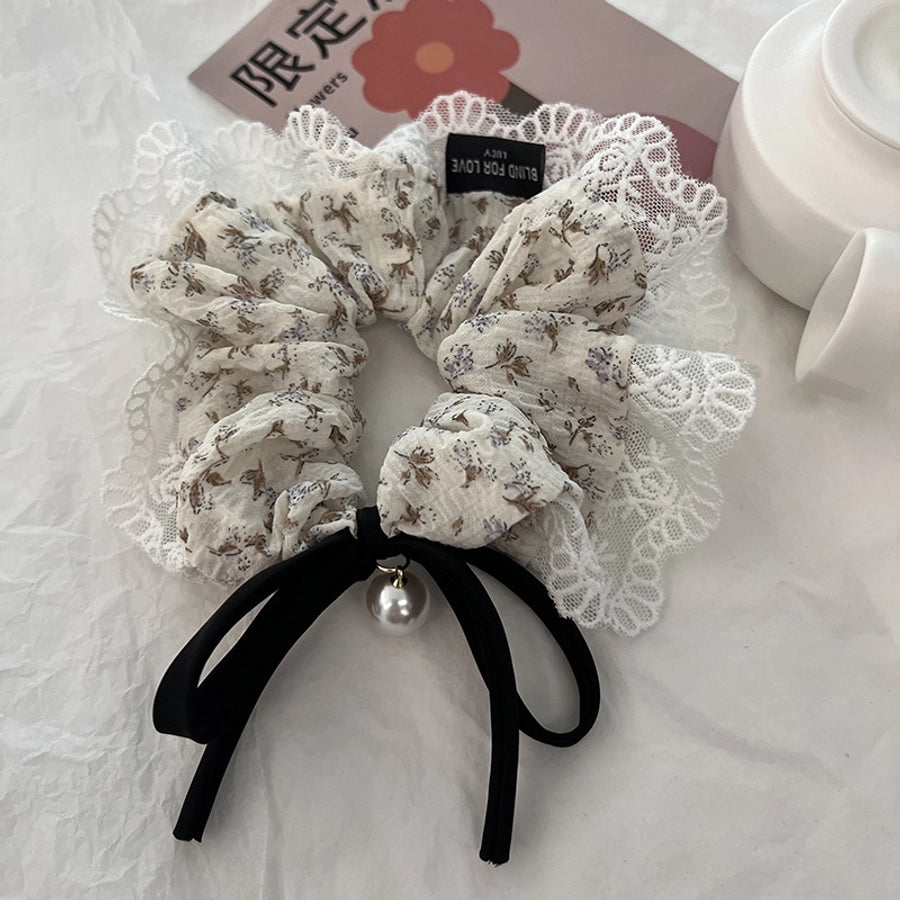 Women's Japanese Style Sweet Flower Cloth Handmade Pearl Lace Hair Tie