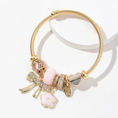 Elegant Lady Flower Bow Knot 304 Stainless Steel Alloy Artificial Crystal Bangle In Bulk