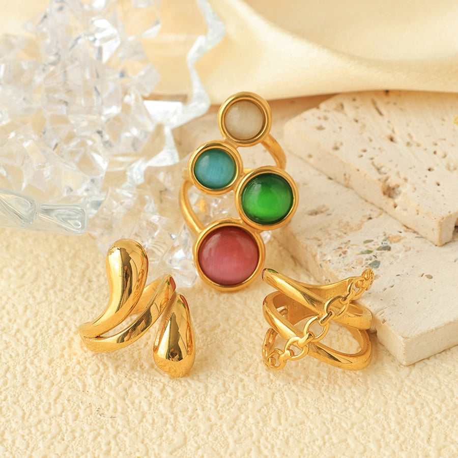 Jewelry Elegant Retro Simple Style Geometric 304 Stainless Steel Natural Stone 14K Gold Plated Inlay Open Rings