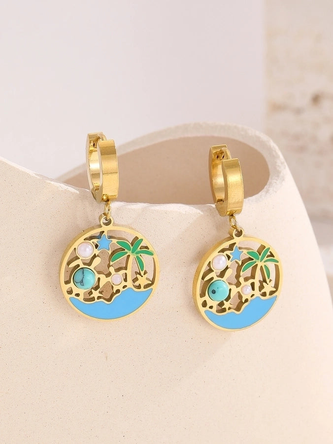 1 Pair Hawaiian IG Style Tree Ocean Painted Hollow Out Inlay Titanium Steel Artificial Pearls Turquoise 18K Gold Plated Drop Earrings