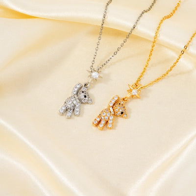 304 Stainless Steel Copper K Gold Plated Rhodium Plated Inlay Bear Zircon Pendant Necklace