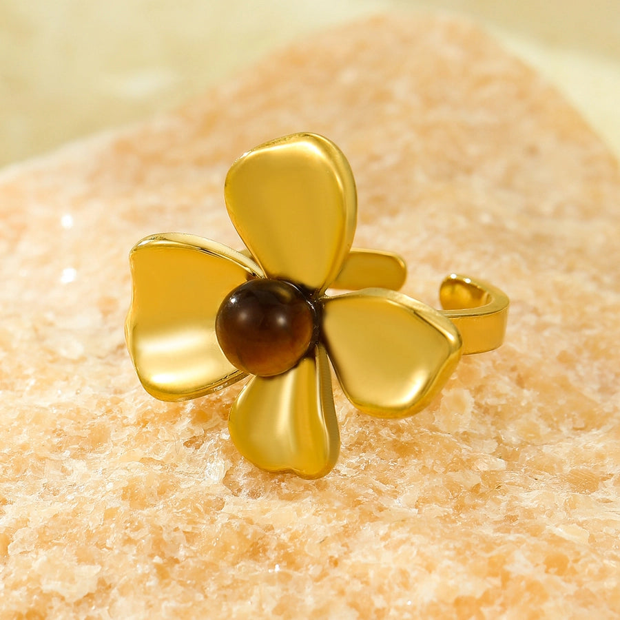 Jewelry Elegant Retro Flower 304 Stainless Steel Natural Stone Pearl Inlay Open Rings