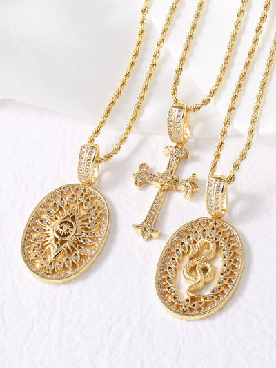 Jewelry Modern Style Simple Style Cross Eye Snake 201 Stainless Steel Copper Agate Zircon 18K Gold Plated Hollow Out Inlay Pendant Necklace