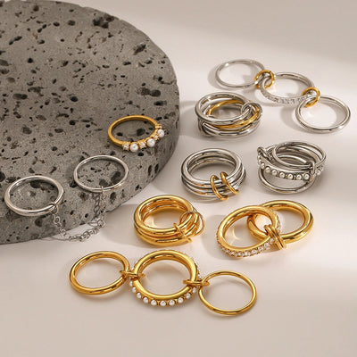Jewelry Elegant Simple Style Double Ring Stainless Steel Layered Mixed Metal Plating Rings