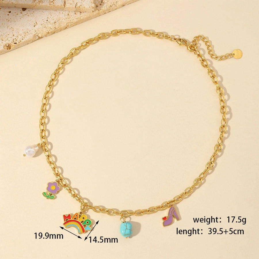 Jewelry Cute Sweet Letter Rainbow Flower 304 Stainless Steel Imitation Pearl Turquoise 18K Gold Plated Enamel Plating Inlay Multi Charms Bracelet Multi Charms Necklace Earrings