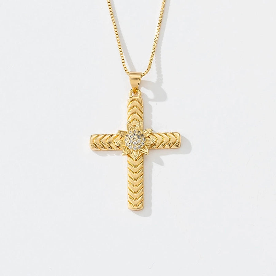 Copper box chain 18K Gold Plated Inlay Carving Cross Butterfly Zircon Pendant Necklace