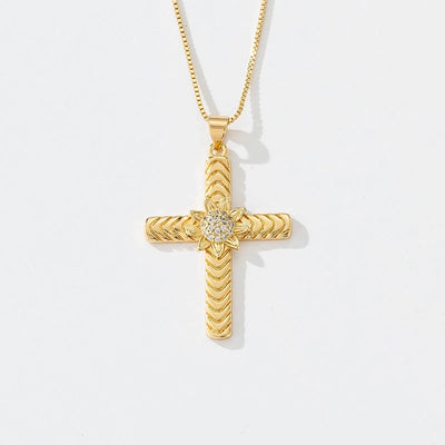 Copper box chain 18K Gold Plated Inlay Carving Cross Butterfly Zircon Pendant Necklace