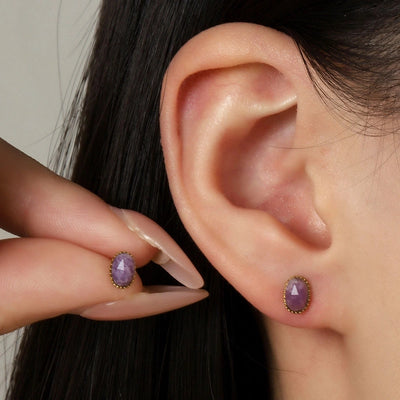 One Pack and Two Pairs Retro French Style Geometric Plating Titanium Steel Natural Stone 14K Gold Plated Ear Studs