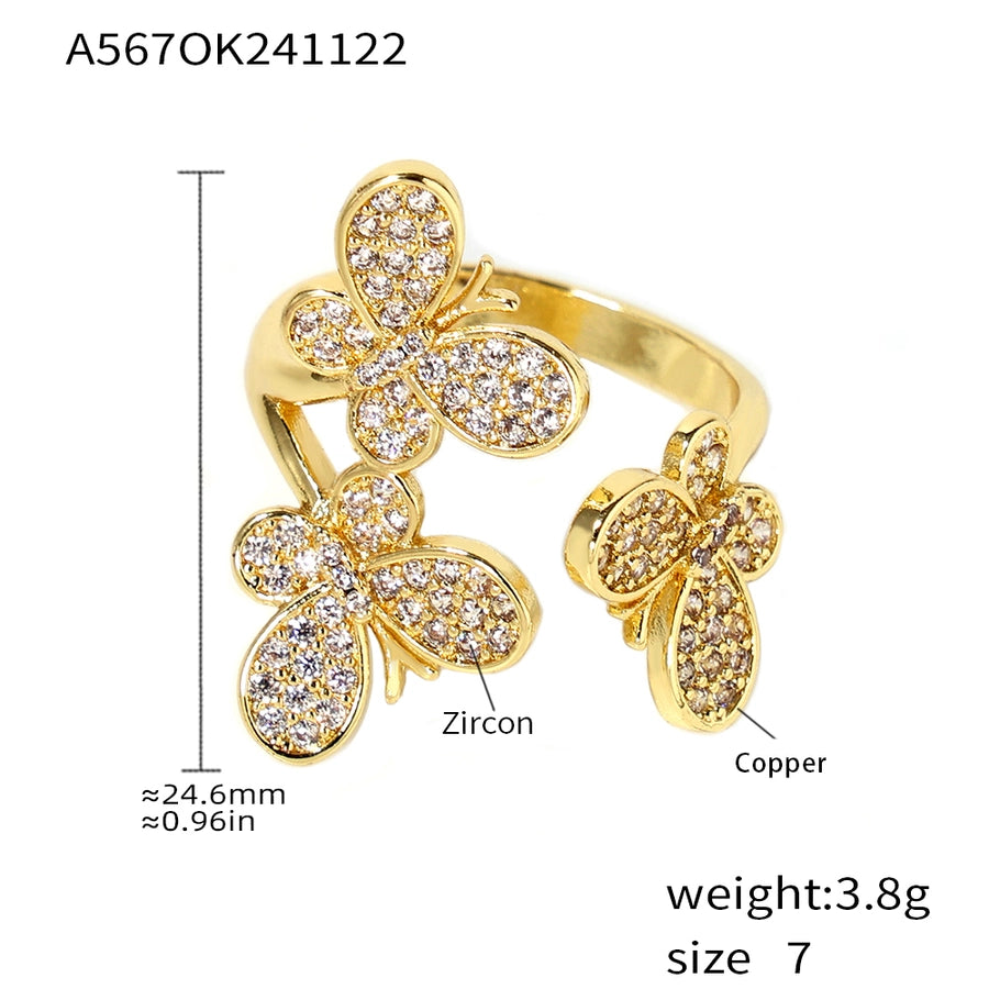 Jewelry Elegant Luxurious Vacation Butterfly Copper Zircon 18K Gold Plated Rings