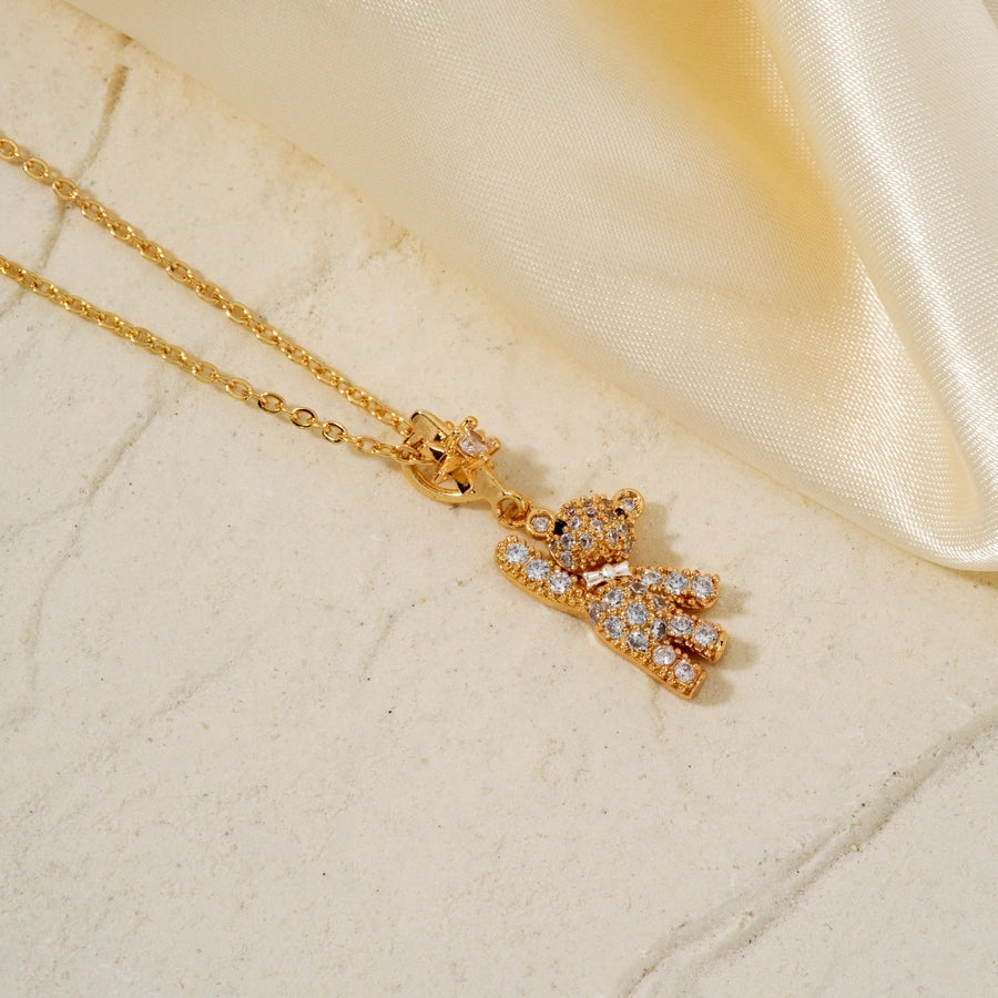 304 Stainless Steel Copper K Gold Plated Rhodium Plated Inlay Bear Zircon Pendant Necklace
